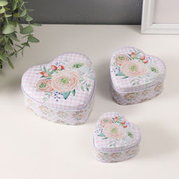 Набор шкатулок для хранения мелочей, украшений Сердце. Нежность цветов, 3 шт., металл, 10.5?12.6?5 см