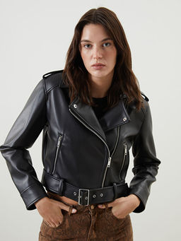 Biker Yaka Kad?n Deri G?r?n?ml? Ceket
