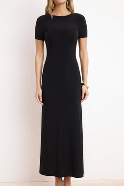 Siyah K?sa Kol Bodycone/Vucuda Oturan Bisiklet Yaka Esnek Orme Maxi Kalem Elbise TWOSS24EL00097