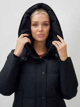 Пальто утепленное стеганное зимнее с капюшоном женское черного цвета 9601Ch - Holdluck фото 8