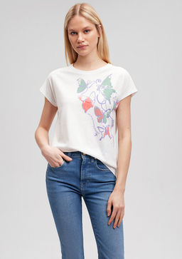 Kelebek Bask?l? Beyaz Tisort - Mavi фото 2