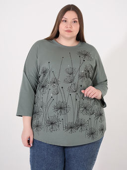 Блузка трикотажная больших размеров зеленая со стразами