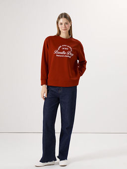 Bisiklet Yaka Bask?l? Oversize Kad?n Kal?n Sweatshirt