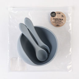 Тарелка детская на присоске и столовые приборы M&B, силикон, серый