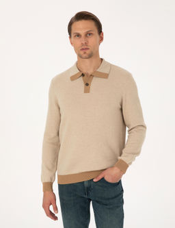 Bej Regular Fit %100 Y_n Polo Yaka D__meli Triko Kazak