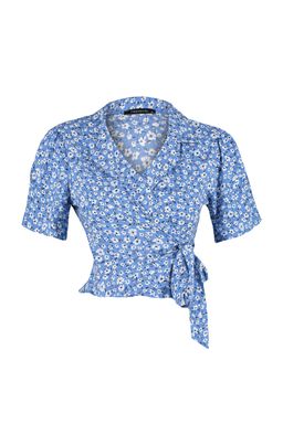 Trendyolmilla Mavi Baglama Detayl? Cicek Desenli Crop Dokuma Bluz TWOSS23BZ00226