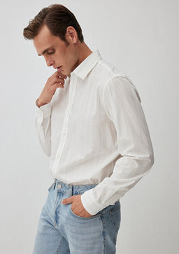 Cizgili Beyaz Gomlek - Mavi фото 5