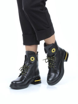 01-P514-3 BLACK/YELLOW Ботинки демисезонные женские (натуральная кожа, байка)