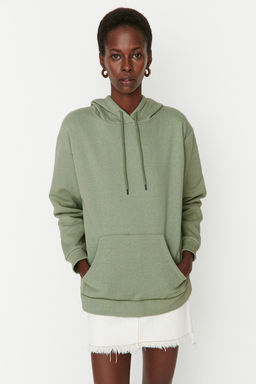 TRENDYOLMILLA Bej Kal?n Ici Polarl? Kanguru Cepli Kapusonlu Boyfriend/Genis Kal?p Orme Sweatshirt TWOAW20SW0525