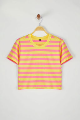 Trendyolmilla Premium Tas Ekru Cizgili Viskoz/Yumusak Kumas Crop Bisiklet Yaka Esnek Orme Bluz TWOSS23BZ00198 фото 22