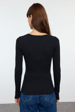 Siyah C?tc?tl? Fitted/Vucuda Oturan Fitilli Esnek Orme Bluz TWOAW25BZ00080