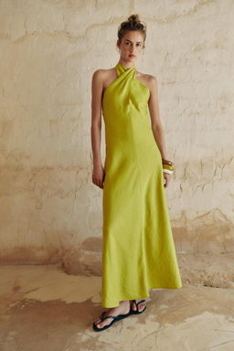VESTIDO MIDI HALTER CRUZADO CON LINO / Lima