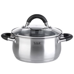 Кастрюля из нержавеющей стали Шелборн 2,2л, д18см, h9см, s0,6мм, дно s2,8мм, стеклянная жаропрочная крышка, стальной обод, пароотвод, силиконовые вставки черного цвета, капсулированное дно, полировка внешняя - матовая, внутренняя - зеркальная, мерн