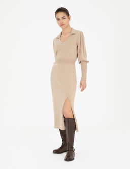 Krem Regular Fit Triko Elbise