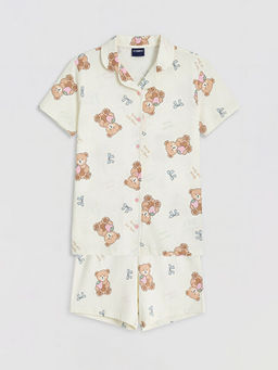 G?mlek Yaka Bask?l? K?z ?ocuk ?ortlu Pijama Tak?m
