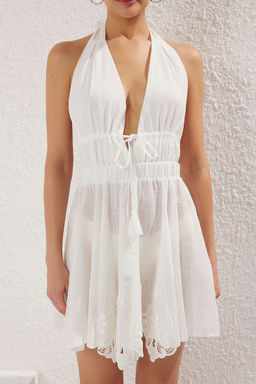 Trendyolmilla Ekru Midi Dokuma Dantelli Keten Gorunumlu Baglama Detayl? Plaj Elbisesi TBESS25EL00056  фото 8