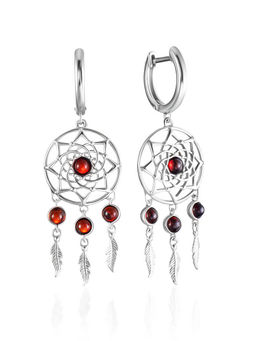 Ажурные серьги Ловец снов с натуральным янтарём