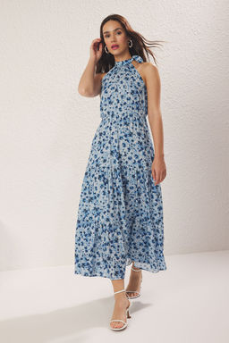 Lacivert Cicekli Duz Kesim Volanl? Maxi Dokuma Elbise TWOSS25EL00564