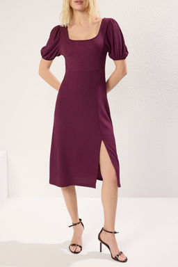 TRENDYOLMILLA Siyah Kare Yaka Balon Kol A-Line Y?rtmac Detayl? Burumcuk/Dokulu Midi Orme Elbise TWOSS23EL01533 фото 20