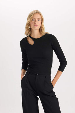 Облегающая футболка с круглым вырезом и длинными рукавами из простой ткани с блестками