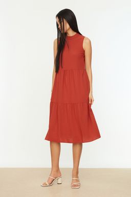 TRENDYOLMILLA Kahverengi Shift/Duz Kesim Dik Yaka Midi Dokuma Elbise TWOSS20EL1864 фото 26
