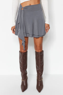 Ac?k Antrasit F?rf?r Detayl? Volanl? Mini Esnek Orme Etek TWOAW24ET00214