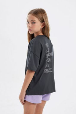 K?z Cocuk Oversize Genis Kal?p Bisiklet Yaka Bask?l? K?sa Kollu Tisort