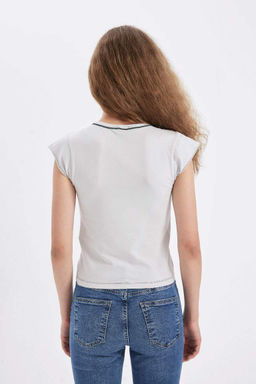 Приталенная футболка с коротким рукавом и V-образным вырезом с принтом - Defacto фото 6