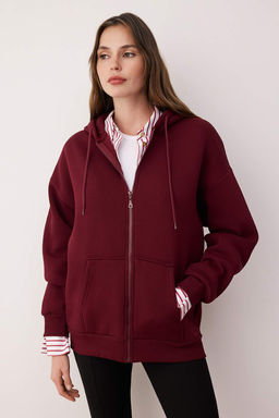 Bordo Oversize/Rahat Kesim Fermuarl? Kal?n Ici Polarl? Orme Sweatshirt TWOAW24SW00188