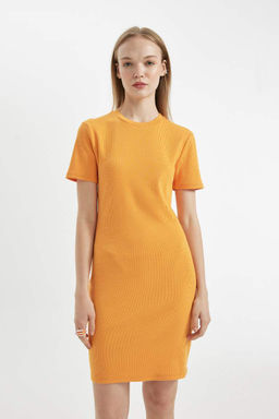 Мини-платье Bodycon с круглым вырезом в рубчик и короткими рукавами - Defacto фото 3