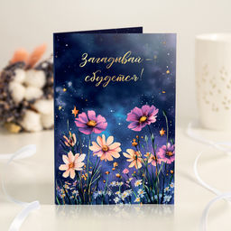 Открытка 4 шоколадки "Загадывай - сбудется!" (ночная поляна с цветами)