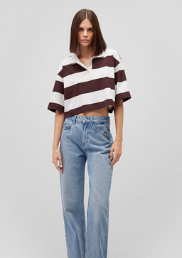 Cizgili Crop Polo Tisort - Mavi фото 2