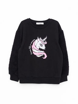 Bisiklet Yaka Pul ??lemeli Uzun Kollu K?z ?ocuk Sweatshirt