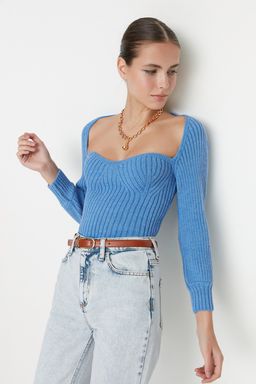 Mavi Crop Kalp Yaka Triko Kazak TWOAW22KZ1760