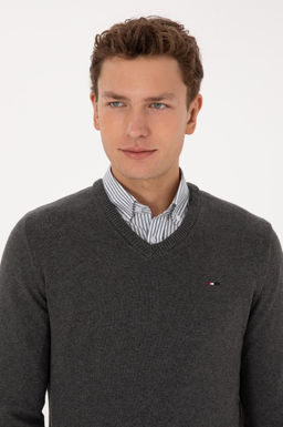 Erkek Slim Fit V Yaka Antrasit Melanj Basic Kazak - U.s. polo assn фото 2