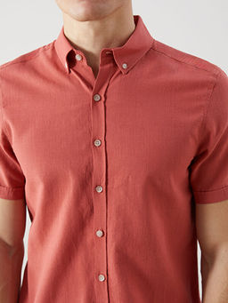 Slim Fit K?sa Kollu Keten Kar???ml? Erkek G?mlek