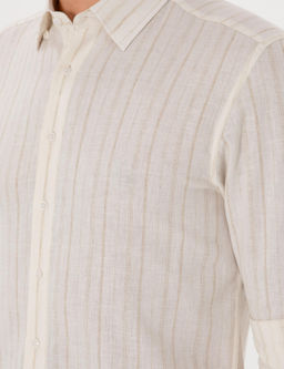 Bej Slim Fit _izgili Keten Kar___ml_ G_mlek