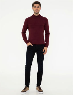 Bordo Slim Fit Yar_m Bal_k__ Yaka Triko Kazak