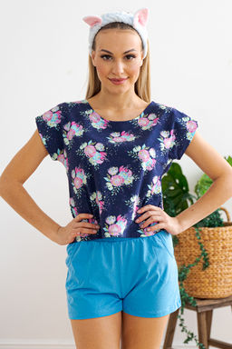Пижама женская из футболки со спущенным плечом и шорт Fairy-tale цветы на темно-синем