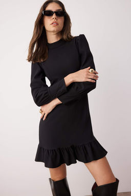 Trendyolmilla Siyah A Kesim Dik Yaka Etegi Buzgulu Mini Dokuma Elbise TWOAW21EL1816  фото 13