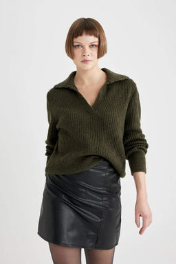 Кружевной свитер с воротником поло и расслабленным кроем - Defacto фото 4