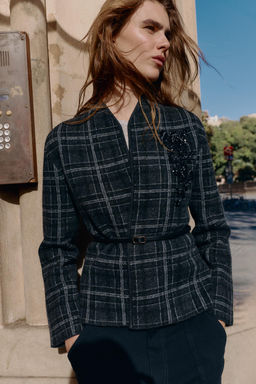 CHECK KNIT CARDIGAN WITH BELT