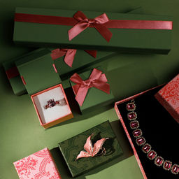 Цена за 6 шт. Коробочка подарочная под кольцо, серьги «Бант крупный», 5×5 см, зелёно-розовая