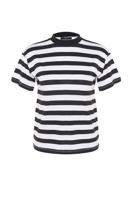 Beyaz-Siyah Beyaz Cizgili 2li Paket Basic Dik Yaka Orme T-Shirt TWOSS20TS1500