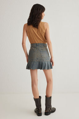 TRENDYOLMILLA Mavi Soluk Efekt Vintage Pileli Mini Denim Skater Etek TWOSS25ET00003 фото 5