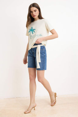 Ekru Bask?l? Regular Bisiklet Yaka Standart Kol K?sa Tok %100 Pamuk Orme T-Shirt TWOSS26TS00206 - Trendyolmilla фото 2