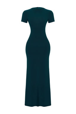 Zumrut Yesili K?sa Kol Vucuda Oturan Bisiklet Yaka Esnek Orme Maxi Kalem Elbise TWOSS24EL00097