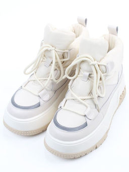 04-WG039-2M WHITE/BEIGE Ботинки зимние женские (натуральная кожа, курточная ткань, 100% шерсть)