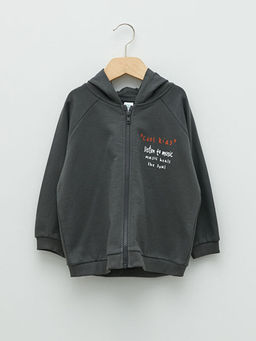 Kap??onlu Uzun Kollu Bask?l? Erkek Bebek Fermuarl? Sweatshirt