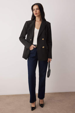 Siyah Aksesuar Dugmeli Dokuma Kruvaze Kapama Blazer Ceket TWOAW26BC00065